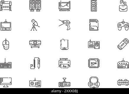 Die Sammlung der Symbole für Peripheriegeräte ist eine Vektorillustration mit bearbeitbarem Kontur. Stock Vektor