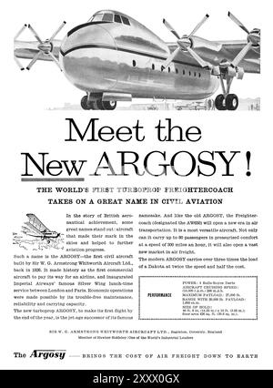 1958 britische Werbung für das Frachtflugzeug Armstrong Whitworth Argosy Four Turboprop. Stockfoto