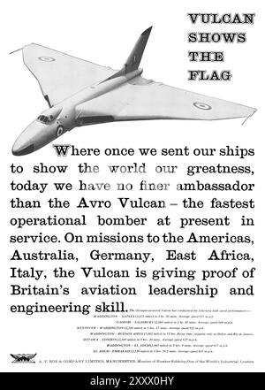 1958 britische Werbung für den Avro Vulcan Delta-Wing Jet Bomber. Stockfoto