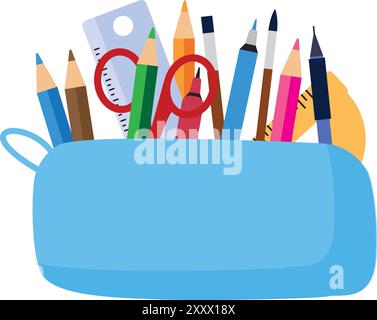 Ein heller Schulmäppchen mit Schulpapier, wie Stiften, Bleistiften, Konzept vom 1. September, geht zur Schule Stock Vektor