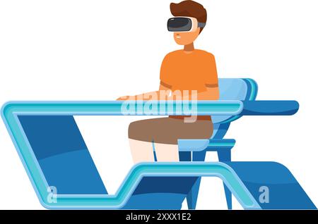 Ein Mann, der ein vr-Headset trägt, benutzt einen Virtual-Reality-Simulator Stock Vektor