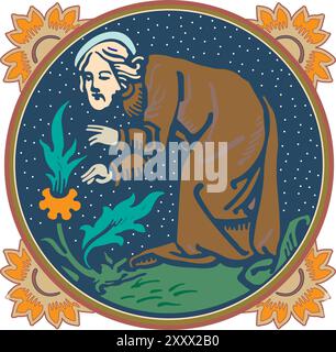 Vintage Retro florale kalligraphische Kunst dekorative Elemente Skizze Set mit Blumen und Frau isoliert Vektor Illustration Stock Vektor