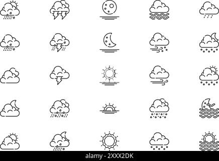 Die Kollektion „Weather Icons“ ist eine Vektorillustration mit bearbeitbarem Strich. Stock Vektor