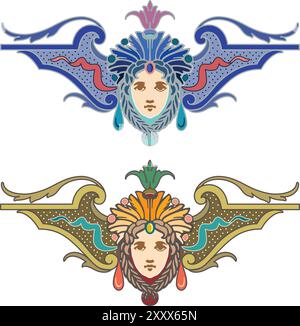 Frauengesicht mit Olivenzweigen und Blumen, die in die Haare gewebt sind. Dekoratives Element der Fassade eines historischen Gebäudes in Prag. Tschechische Republik. V Stock Vektor