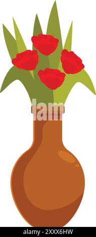 Strauß aus roten Rosen mit langen Stielen in einer Tonvase Stock Vektor