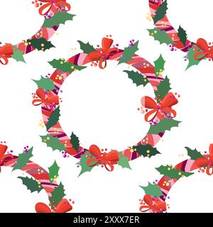 Nahtloses Vektor-Muster mit mehrfarbigen runden Weihnachtskränzen mit Bögen, grünen Blättern und stechpalmenbeeren auf einem weißen Hintergrund. Stock Vektor
