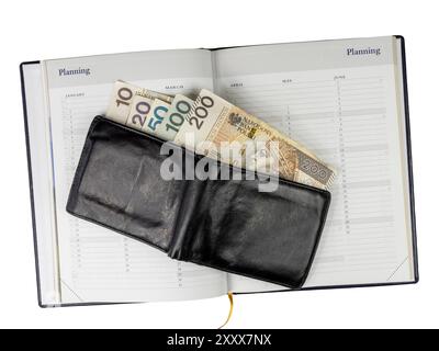 Brieftasche mit polnischen Banknoten auf offenem Kalender mit sichtbaren Monaten. Etwas Bargeld ist aus der Brieftasche. Stockfoto