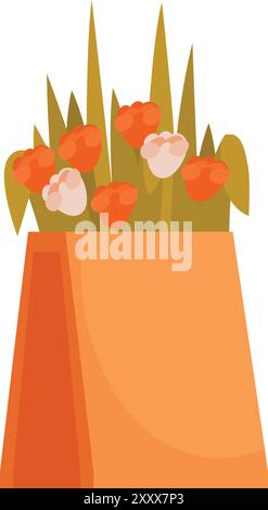 Farbenfroher Blumenstrauß aus roten und weißen Blumen steht in einer orangen Papiertüte Stock Vektor