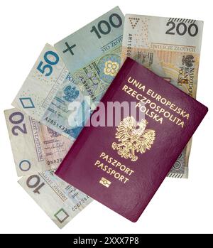 Pass der Republik Polen, der auf Zloty-Banknoten liegt. Stockfoto