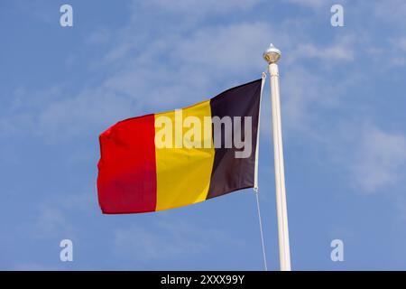 Foto der belgischen Flagge, die an einem sonnigen Sommertag im Wind weht Stockfoto