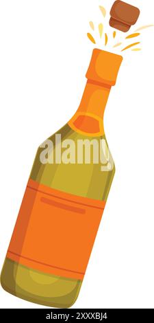 Die Cartoon-Champagnerflasche platzt ihren Kork und sprüht überall seinen sprudelnden Inhalt Stock Vektor