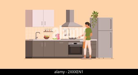 Frau kocht in der Küche, sie frittiert Lebensmittel in einer Pfanne, gesunde Lebensmittel und Lifestyle Konzept Stock Vektor