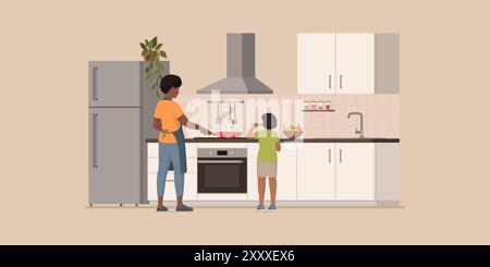 Mutter und Tochter kochen gemeinsam in Küche, Familie und Lebensstil Stock Vektor