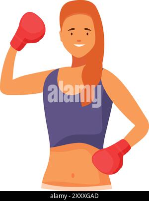 Die Boxerin hebt ihren Arm, während sie Boxhandschuhe trägt und lächelt Stock Vektor