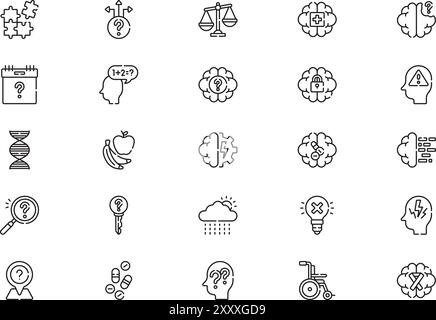 Die Sammlung Alzheimer Icons ist eine Vektorillustration mit bearbeitbarem Schlaganfall. Stock Vektor