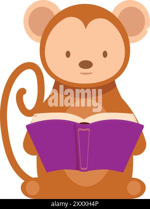 Der niedliche Cartoon-Affe hält ein lila Buch, vertieft in der Lektüre Stock Vektor