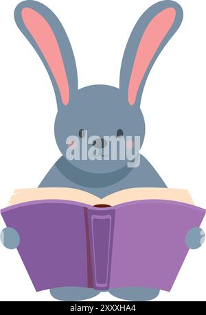 Niedlicher Karikaturhase, der ein lilafarbenes Buch hält und liest, um Bildung und Lernen zu fördern Stock Vektor