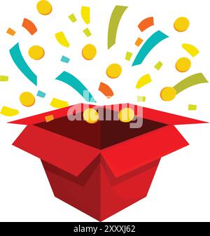 Rote Geschenkbox explodiert mit goldenen Münzen und bunten Konfetti auf weißem Hintergrund Stock Vektor