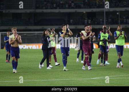 Verona, Italien. August 2024. Das Finale (Hellas Verona) während des Spiels der italienischen Serie A zwischen Hellas Verona 0-3 Juventus im Stadion Marcantonio Bentegodi, 2024 in Verona, Italien. Kredit: Maurizio Borsari/AFLO/Alamy Live News Kredit: Aflo Co. Ltd./Alamy Live News Stockfoto