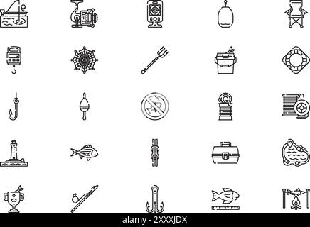 Die Kollektion Angeln Icons ist eine Vektorillustration mit bearbeitbarem Kontur. Stock Vektor