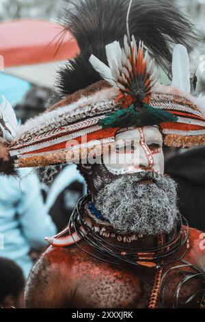 Ein Mann aus der Provinz Hela, Papua-Neuguinea, mit lebendiger Gesichtsfarbe und einem auffälligen Kopfschmuck mit Federn, der den Stolz der Stammesangehörigen symbolisiert. Stockfoto