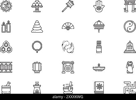 Die Sammlung Buddhismus Icons ist eine Vektorillustration mit bearbeitbarem Strich. Stock Vektor