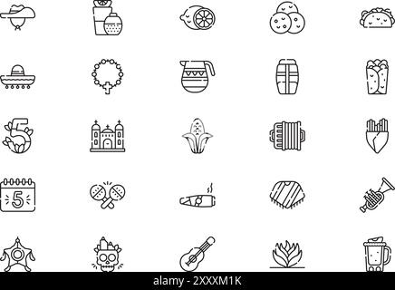 Cinco de Mayo Icons Kollektion ist eine Vektorillustration mit bearbeitbarem Strich. Stock Vektor