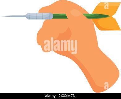 Hand hält einen Pfeil mit gelben Flügeln bereit, um ihn zum Ziel zu werfen Stock Vektor