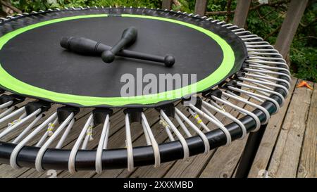 Mini-Trampolin mit zwei indischen Clubs zum Fitnesstraining und Rebounding auf einer Terrasse im Hinterhof Stockfoto