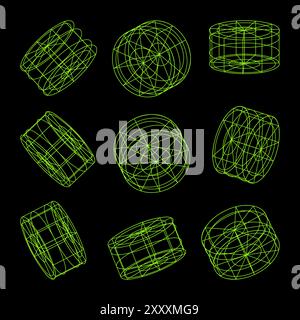 Mit Drahtdarstellung versehene Formen. Perspektivisches Netz, 3D-Raster. Geometrische Elemente mit niedrigem Poly. Futuristische Retro-Designelemente im y2k-, Vaporwave- und Synthwave-Stil Stock Vektor