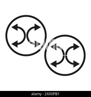 Kreisförmige Pfeile. Vier Richtungspfeile. Einfache schwarze Kontur. Zwei identische Symbole. Stock Vektor