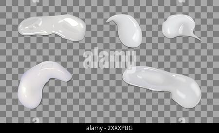 Realistische Creme-Textur. Ausstriche von Cremeproben. Unterschiedliche Form der Abstriche. Satz isolierter weißer Proben transparenter Hintergrund. Hautpflegecreme Kosmetiklotion. Vektorabbildung. Stock Vektor