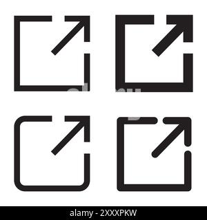 Symbole für externe Links. Schwarze Pfeilsymbole. Vier Varianten enthalten. Minimalistisches quadratisches Design. Stock Vektor