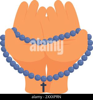 Zwei Hände halten blaue Rosenkranzperlen mit einem Kreuz, die religiösen Glauben und Gebet repräsentieren Stock Vektor
