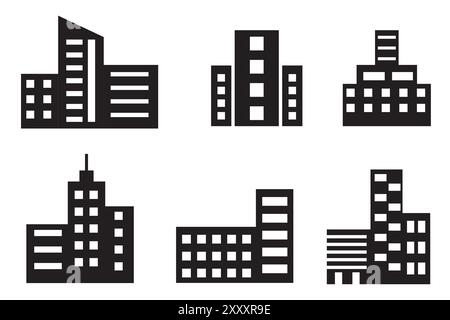 Symbolsatz wird erstellt. Vektorelemente der Stadtlandschaft. Minimalistische schwarze Architektur. Silhouetten der urbanen Skyline. Stock Vektor