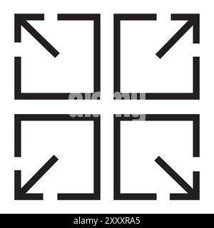 Symbol zum Ändern der Größe der Pfeile. Vier schwarze Pfeile. Quadrat- und Pfeilkonzept. Minimalistische Vektorgrafik. Stock Vektor