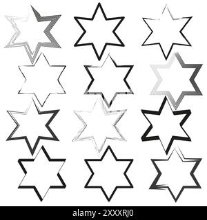 Sternkontur Set. Verzerrte geometrische Formen. Handgezeichnete Vektorelemente. Grunge Line Art. Stock Vektor