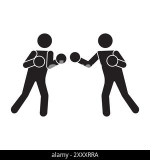 Symbol für Boxerübereinstimmung. Zwei Stabfiguren kämpfen. Minimalistisches schwarzes Design. Vektor-Kampfsymbol. Stock Vektor
