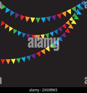 Bunte Fahnen. Dreieckige Partybanner. Helle festliche Dekoration. Schwarzer Hintergrundvektor. Stock Vektor