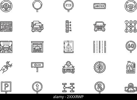 Die Sammlung Auto- und Fahrsymbole ist eine Vektorillustration mit bearbeitbarem Kontur. Stock Vektor