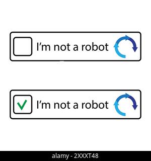 CAPTCHA-Verifizierungssymbole. Kontrollkästchen mit Text. Ich bin keine Roboterbotschaft. Bestätigung durch grünes Häkchen. Stock Vektor