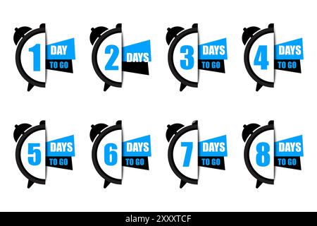Illustrationsset für Countdown-Timer. Fokus Nummer eins bis acht. Fetter Text für Tage zum Mitnehmen. Blaue und schwarze Akzente auf weißem Hintergrund. Stock Vektor