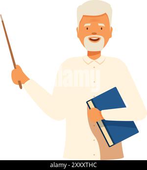 Lächelnder Senior Professor, der ein Buch hält und mit einem Holzstock zeigt Stock Vektor