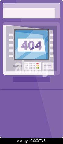 Der violette geldautomat zeigt den Fehlercode 404 auf dem Bildschirm an Stock Vektor