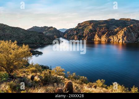 Blick auf den Saguaro Lake Arizona vom Butcher Jones Wander Trail in Arizona Stockfoto