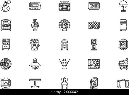 Die Kollektion Retro Stuff Icons ist eine Vektorillustration mit bearbeitbarem Strich. Stock Vektor