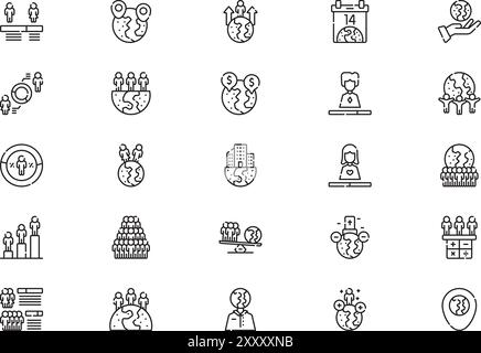 Die Kollektion World Population Icons ist eine Vektorillustration mit bearbeitbarem Strich. Stock Vektor