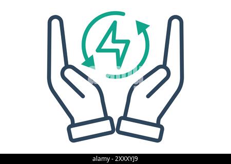 Energiesparsymbol. Liniensymbolstil. Hand mit Blitz. Symbol für Effizienz. Vektorillustration für Produktivitätselemente Stock Vektor
