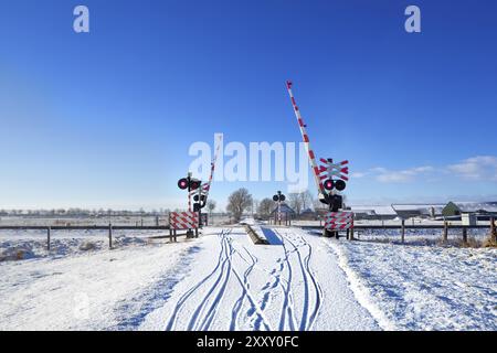 Croring durch die Eisenbahn mit roten Sygnallichtern im Winter Stockfoto