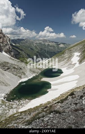 Pilato See gesehen von Sella delle Ciaule zwischen dem Monte Vettore und Cima del Redentore Stockfoto